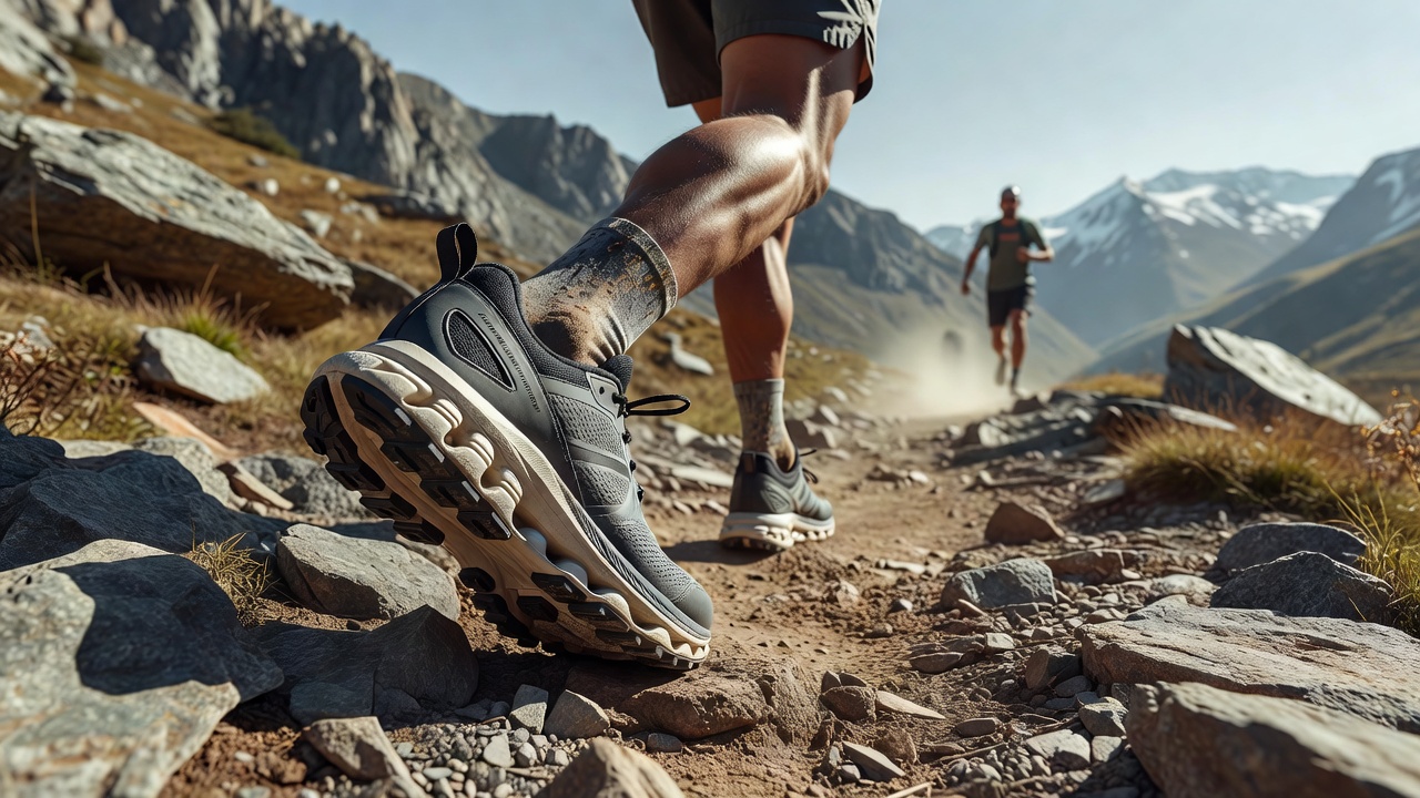 Runners crossing varied rocky and soft terrain in mountainous ultramarathon events wearing adaptive footwear