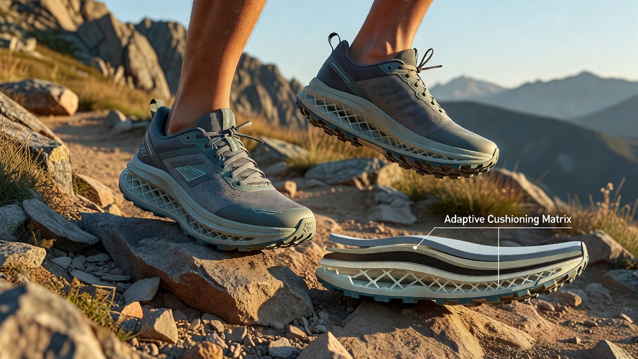 Close-up view of adaptive midsole layers compressing and expanding on uneven mountain trail surfaces