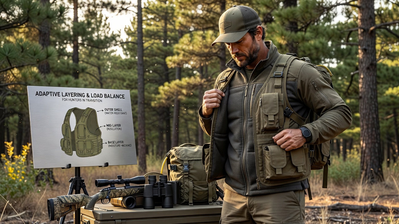 Close-up view of load-balancing straps and modular panels on a hunting vest used across seasons