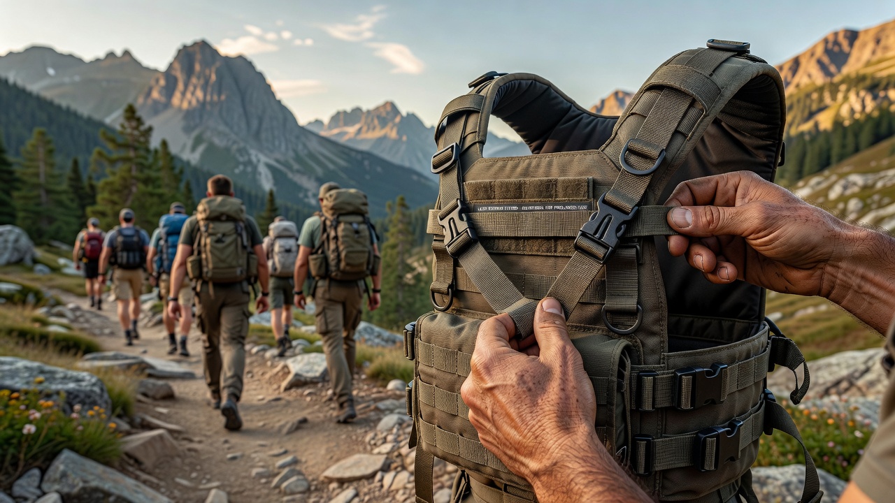 Close-up view of adjustable buckles and tensioners on outdoor load-bearing vest straps