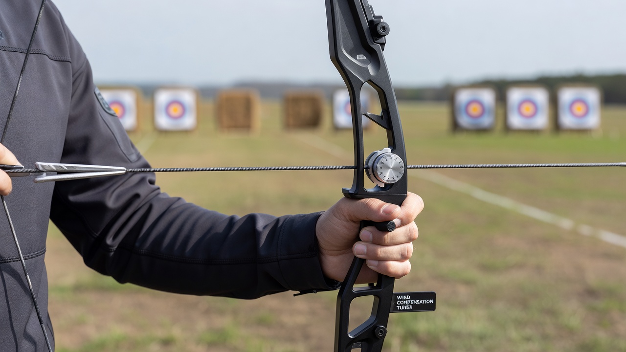 Close-up view of an adjustable tension system integrated into an archery bowstring for wind adjustments