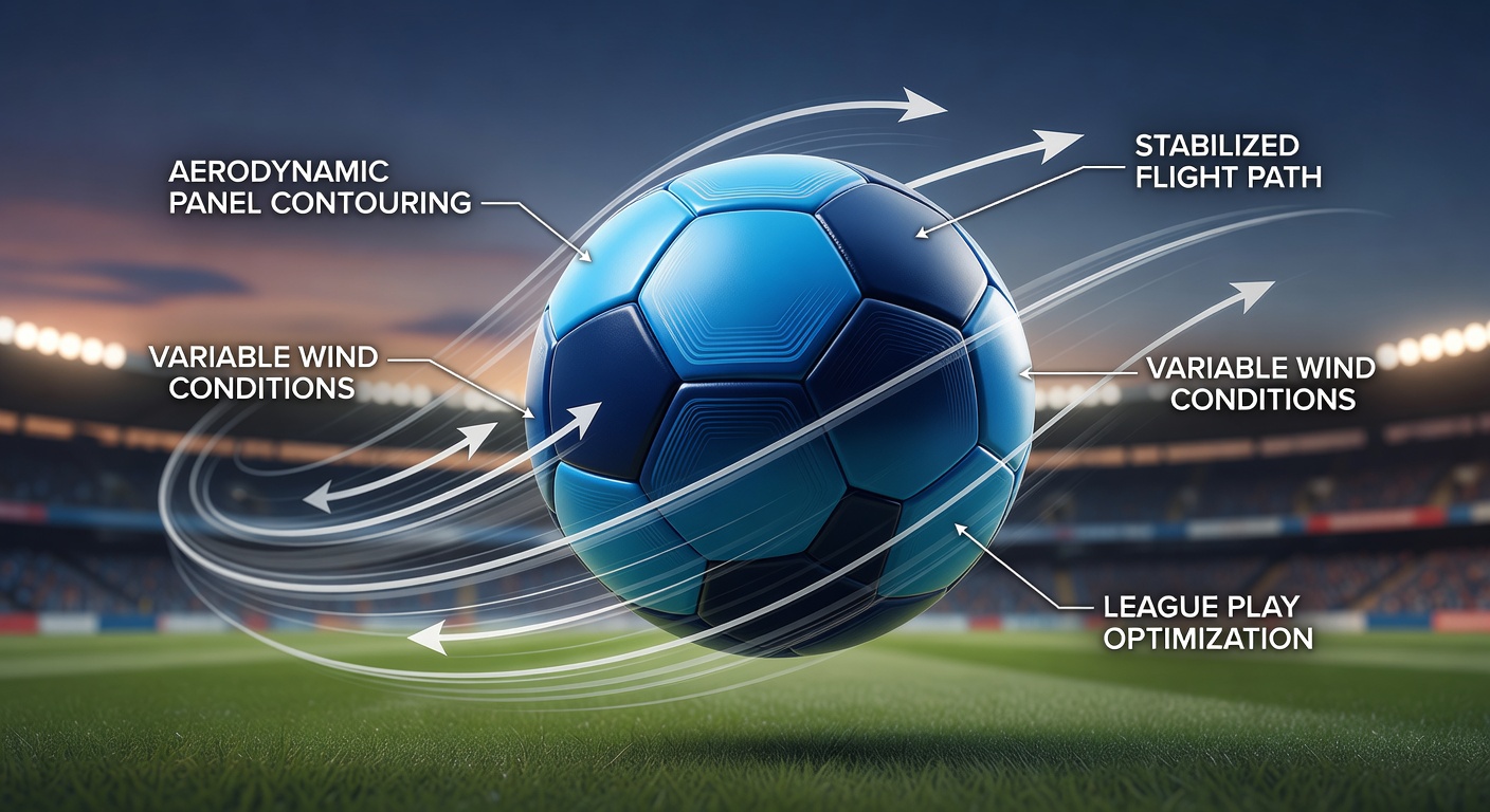 Close-up view of contoured soccer ball panels showing seam patterns and surface textures designed for airflow management