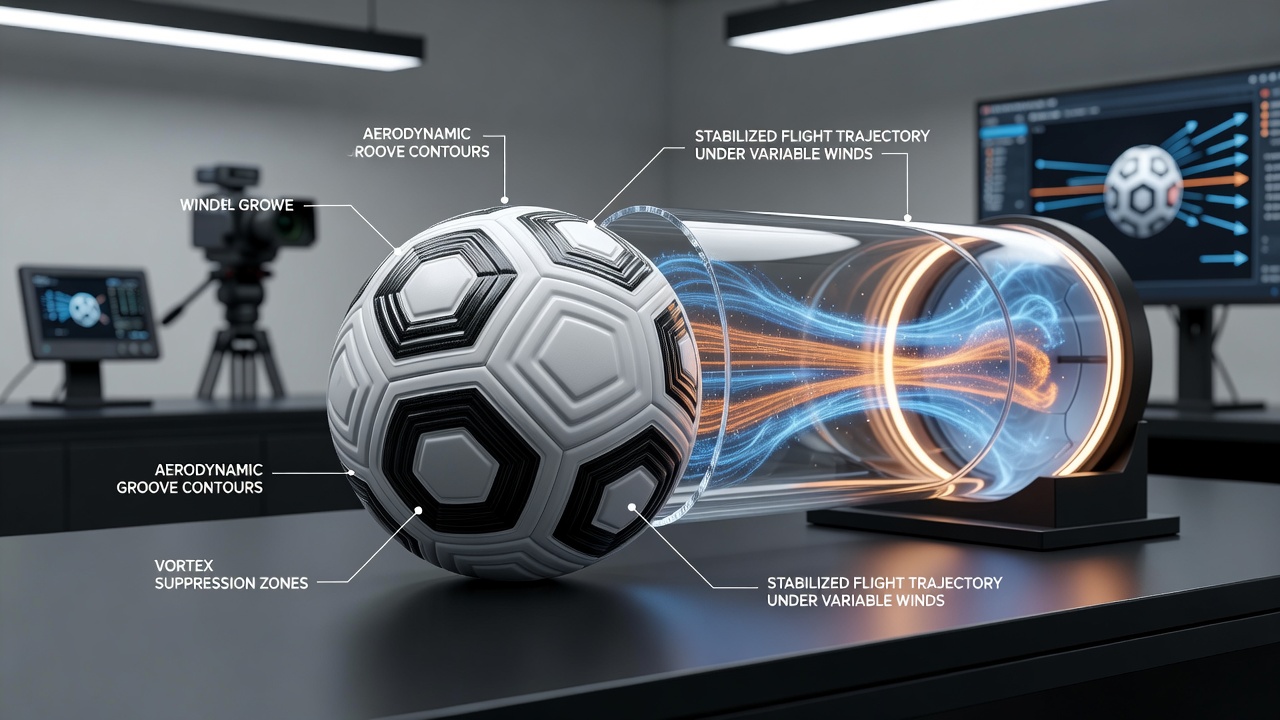 Wind tunnel setup testing soccer ball aerodynamics with multiple panel designs under controlled airflow conditions