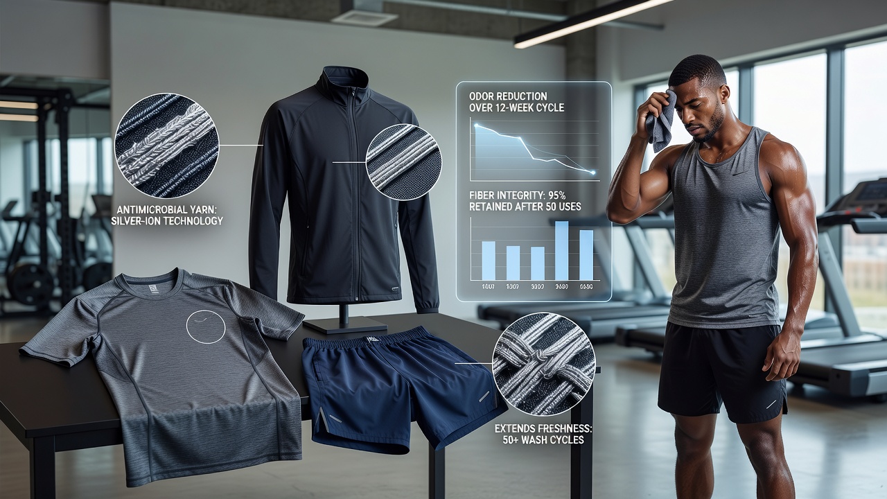 Endurance athletes wearing gym apparel with antimicrobial yarn technology during training sessions