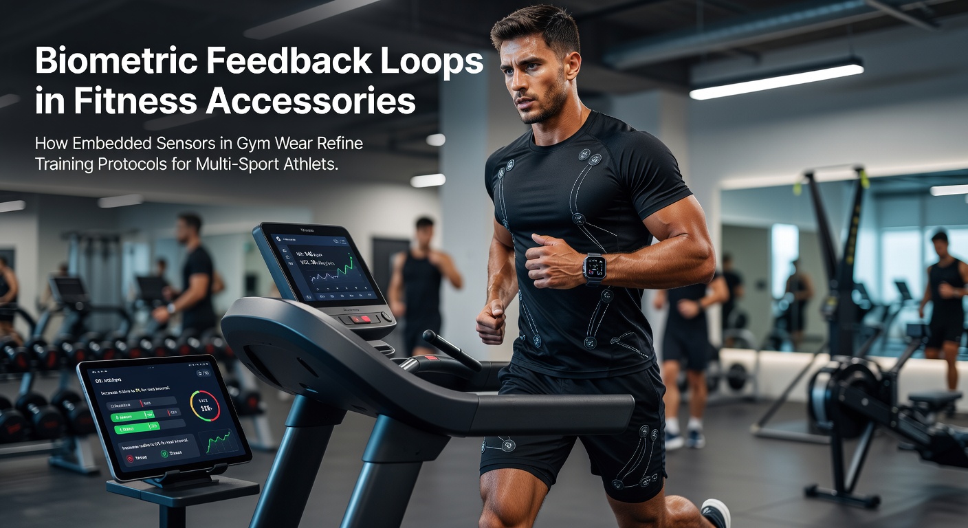 Close-up of embedded biometric sensors in compression gym wear tracking heart rate variability and muscle activation for a multi-sport athlete during interval training