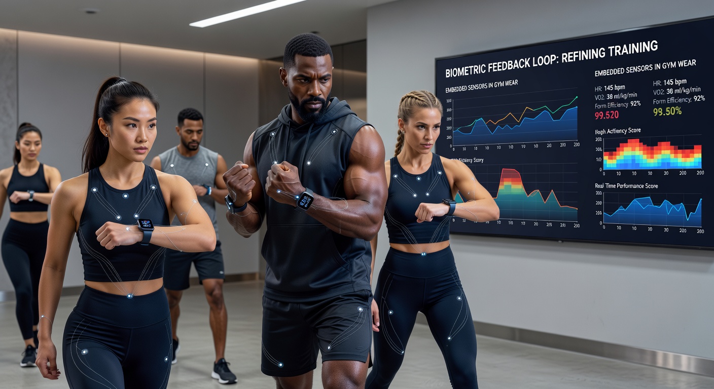 Multi-sport athlete reviewing real-time biometric feedback on a tablet after a sensor-equipped training session showing adjusted protocol metrics