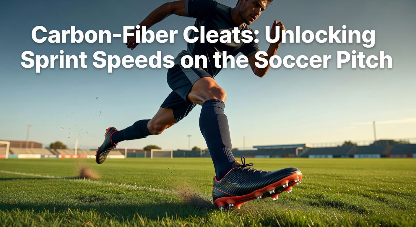 A close-up view of carbon-fiber cleats on a soccer pitch, showcasing the lightweight plate and stud configuration during a sprint