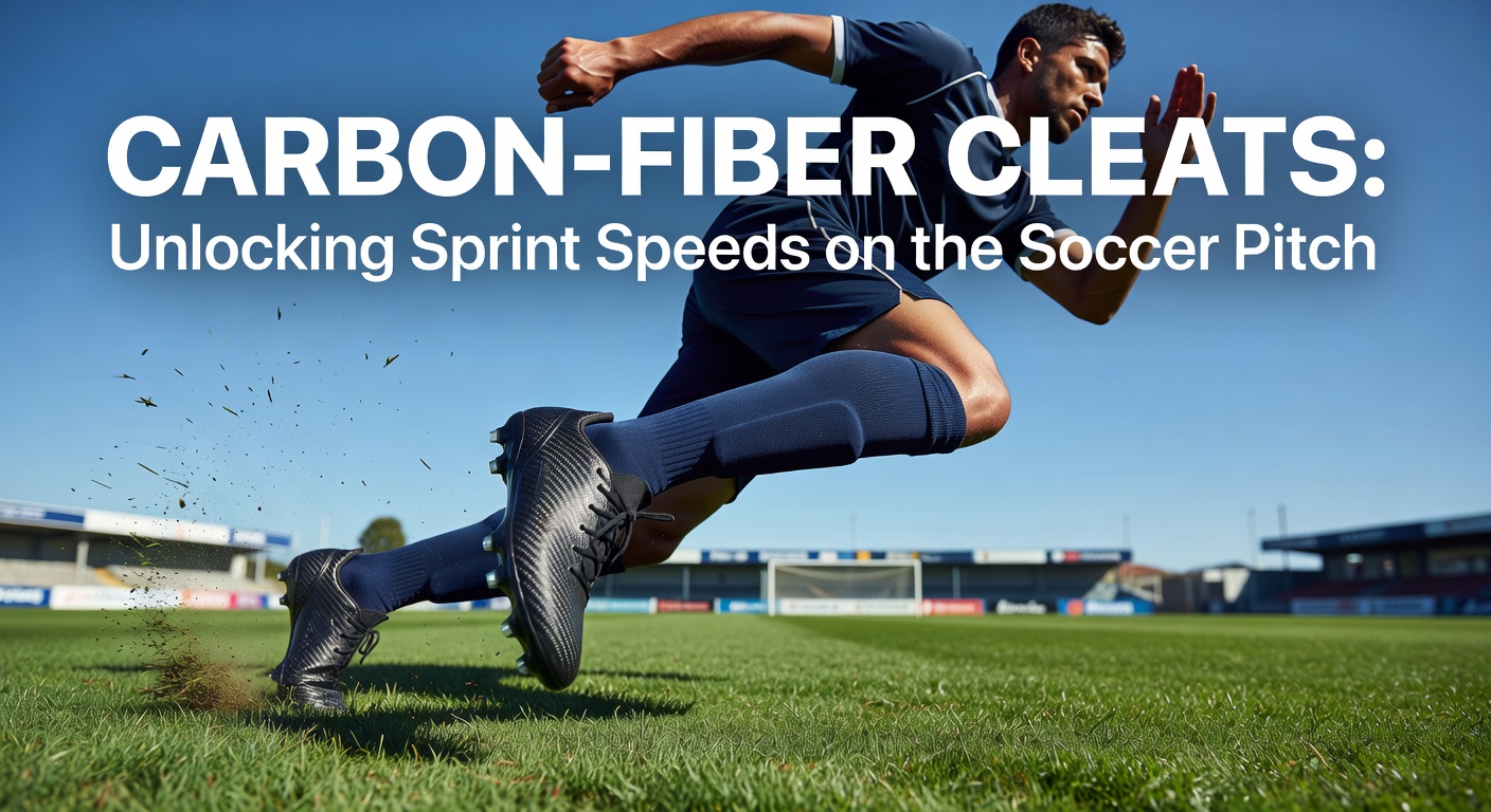 Professional soccer player accelerating in carbon-fiber cleats, mid-sprint on a grassy pitch with motion blur emphasizing speed