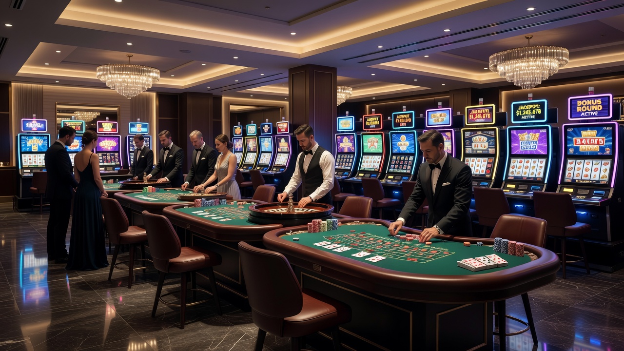 Online casino interface displaying a selection of slot machines and table games