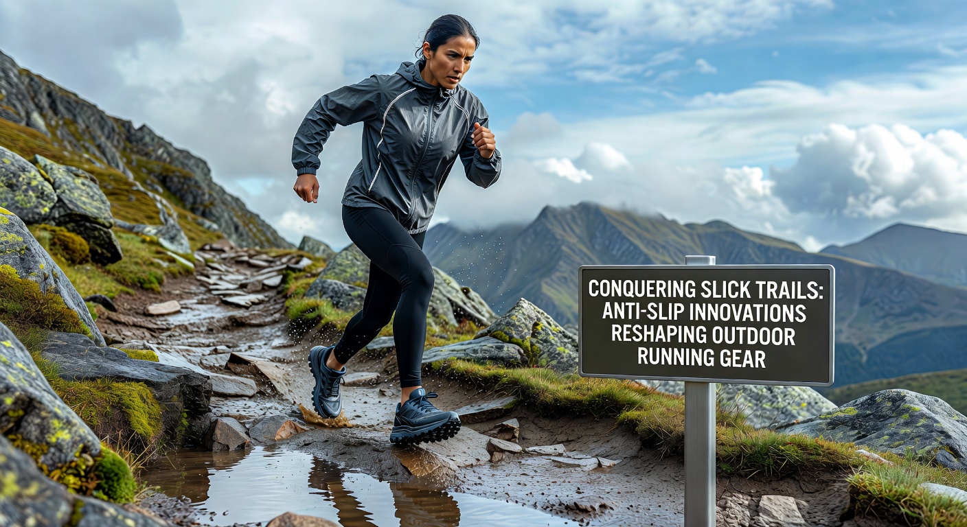Trail runner gripping a muddy, rain-slicked path with advanced anti-slip outsole technology in action during a rugged outdoor descent