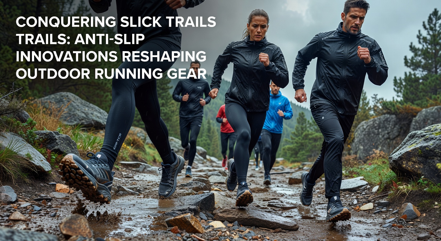Close-up of innovative anti-slip outsole with deep lugs, sticky rubber compound, and self-cleaning tread patterns tested on a wet, muddy trail surface