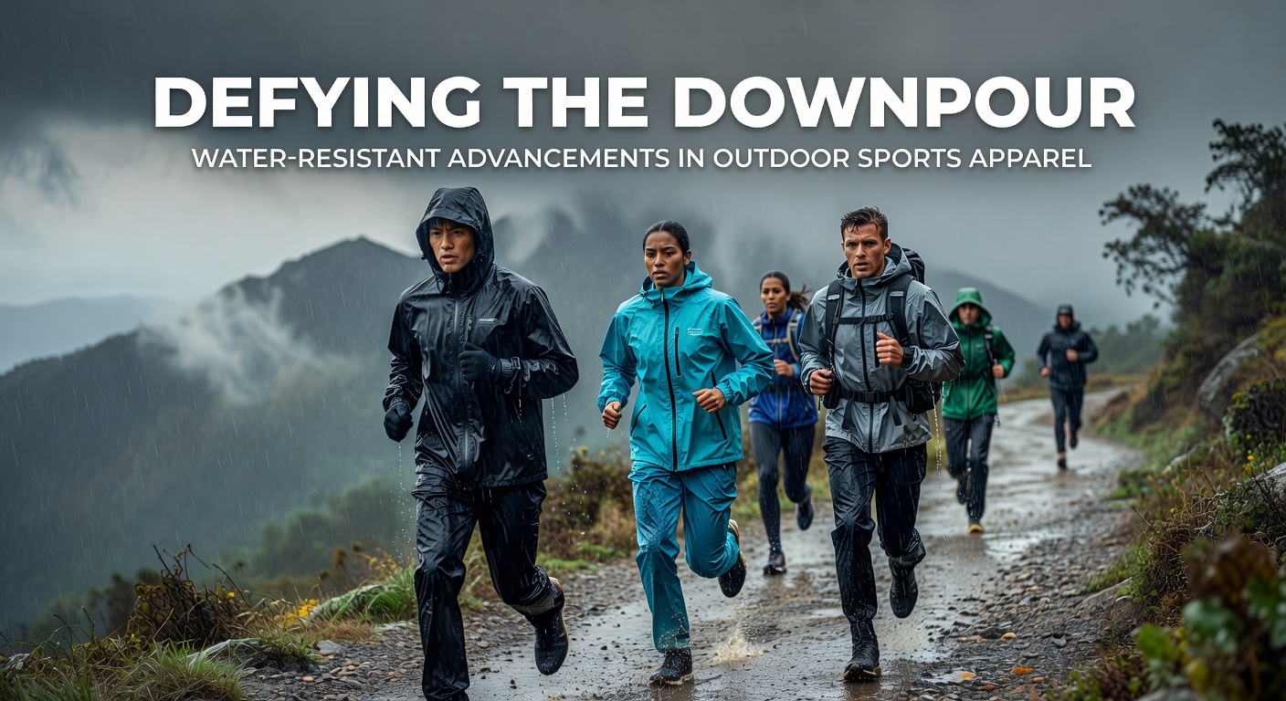 Athlete in water-resistant jacket running through heavy rain on a mountain trail, fabric shedding water effortlessly