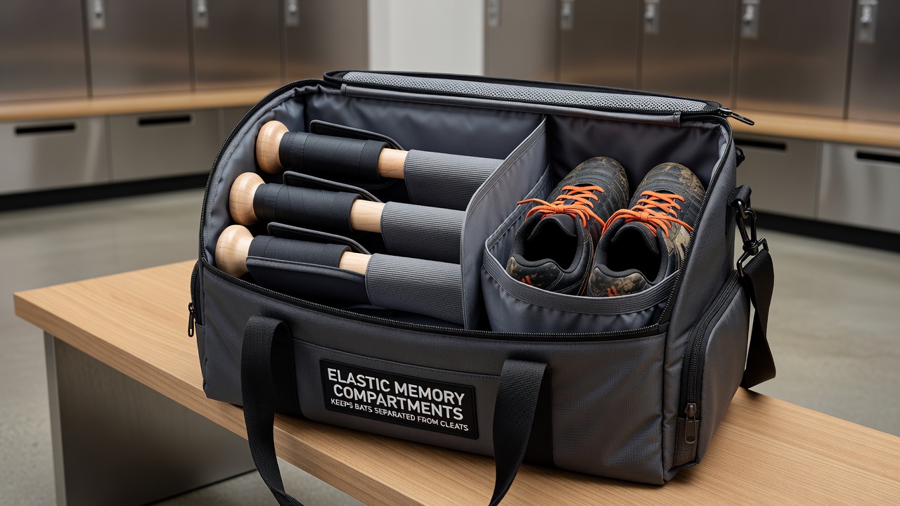 Close-up view of elastic memory fabric dividing baseball bats from soccer cleats inside a tournament travel tote