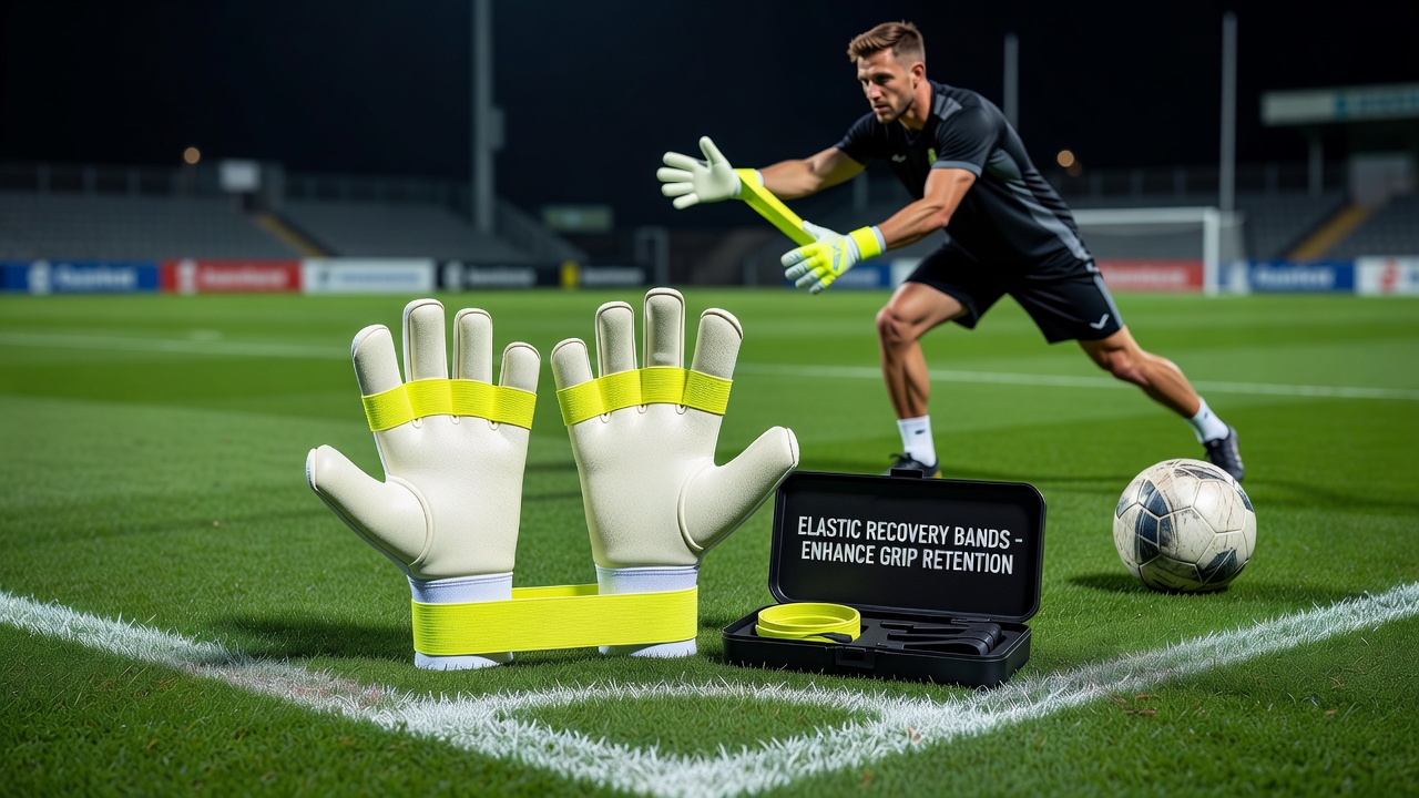 Goalkeeper making a save on a wet pitch with specialized gloves featuring elastic recovery bands