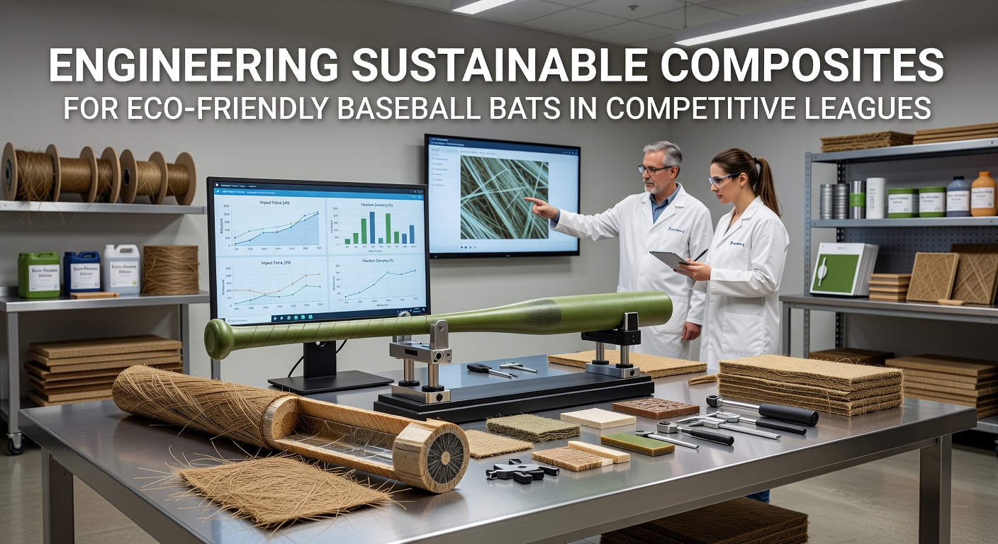 Sustainable composite baseball bats made from bamboo and recycled fibers displayed in a professional league setting