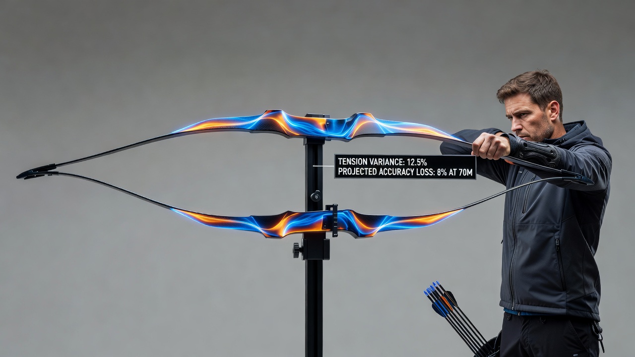 Detailed view of tension distribution patterns mapped across recurve bow limbs during draw cycle