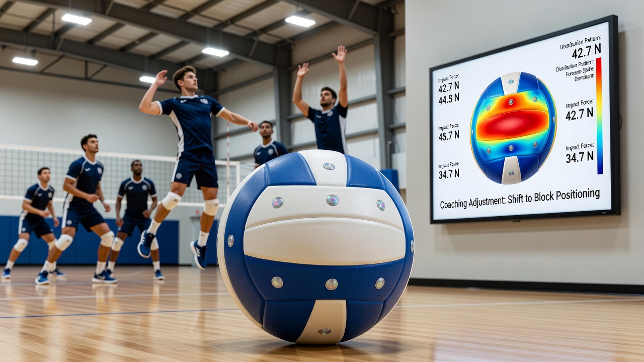 Volleyball with embedded pressure sensors showing impact zones during indoor practice session