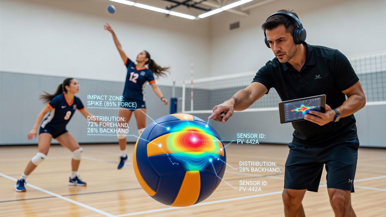Coaching dashboard displaying real-time impact distribution maps from sensor-equipped volleyballs