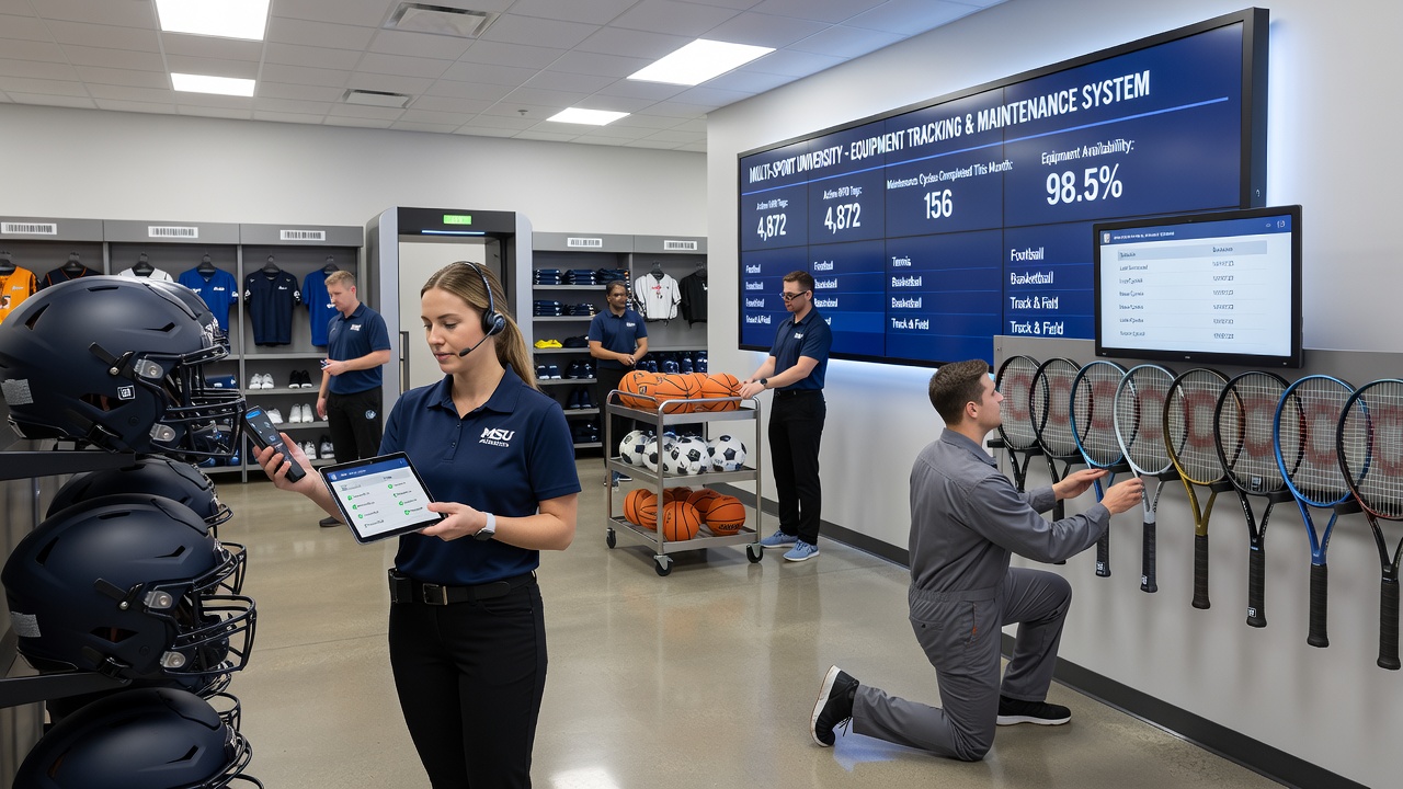 RFID readers scanning athletic gear in a university equipment room