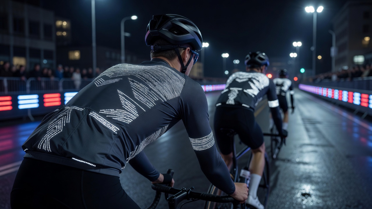 Close-up view of cycling jersey fabric showing integrated reflective micro-threads under low-light conditions