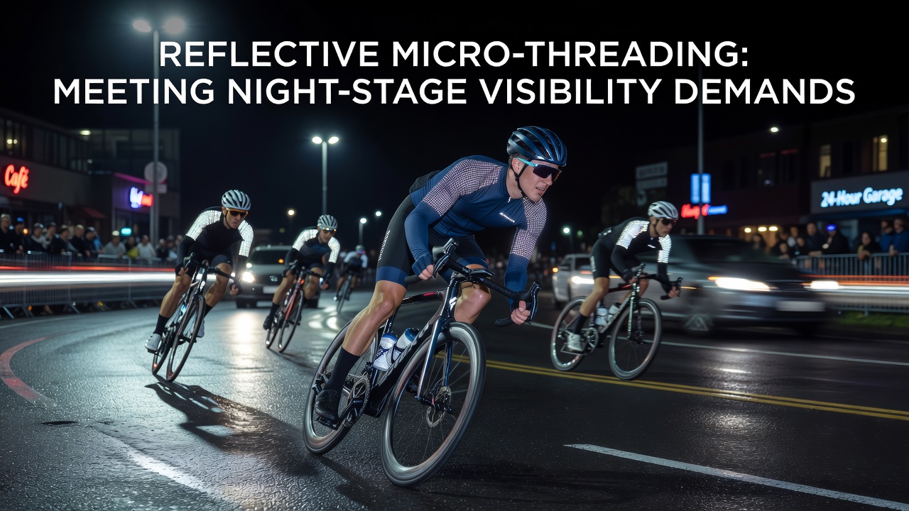 Cyclists competing in a night-stage criterium with reflective elements visible on their jerseys under street lighting
