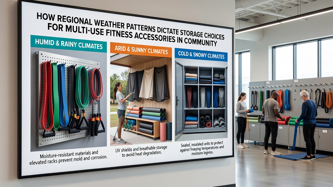 Storage solutions showing climate-controlled cabinets and modular bins for fitness accessories in varying weather conditions