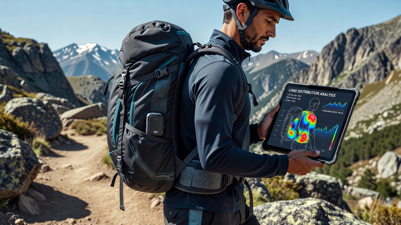 Hiker adjusting straps on a sensor-equipped backpack while reviewing load data on a mobile device at a trail junction