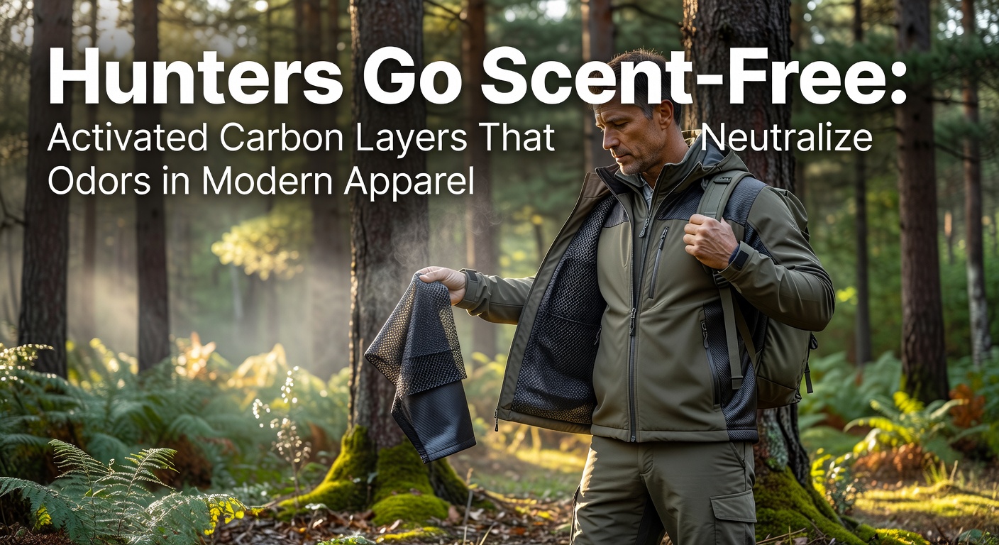 Hunter in scent-free apparel navigating a forested trail at dawn, showcasing layered fabric technology that blocks odors