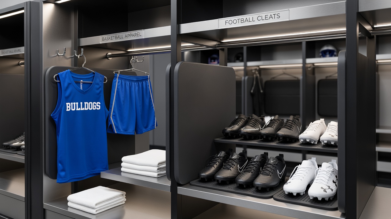 Close-up view of adjustable divider panels inside a shared team locker with basketball and football gear
