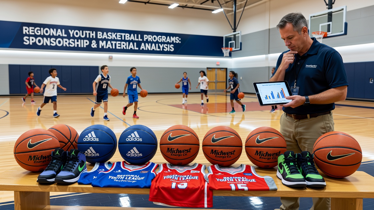 Youth basketball players wearing sponsored gear during a regional tournament, showcasing uniform materials and branding elements