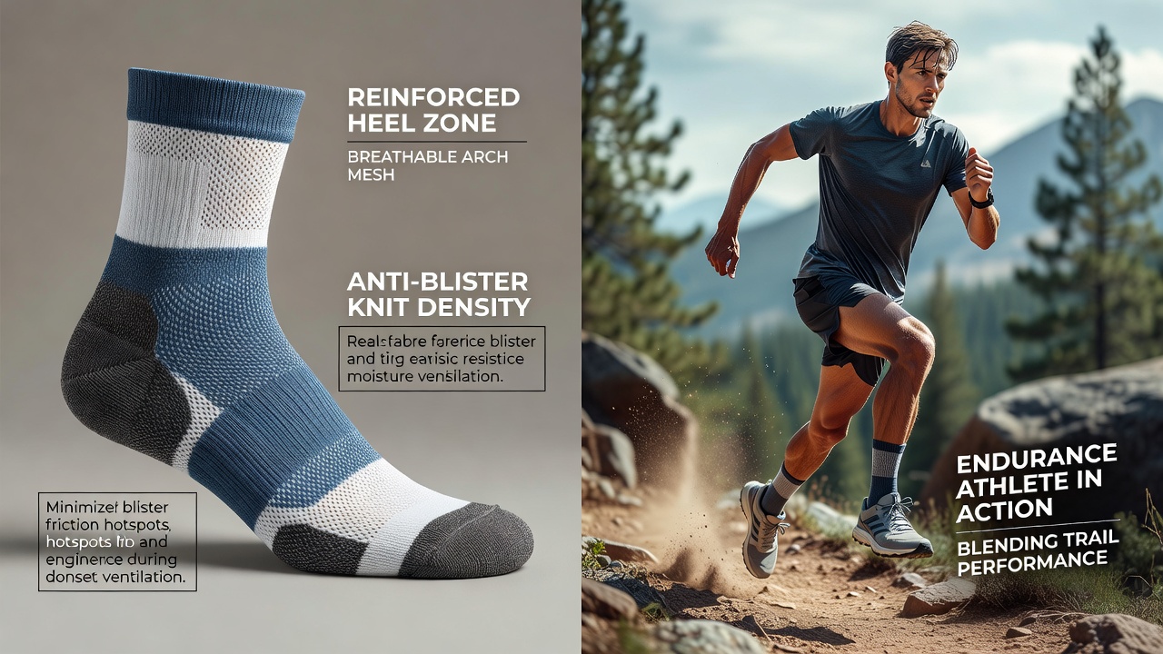Endurance runner adjusting socks on a mixed trail and road route