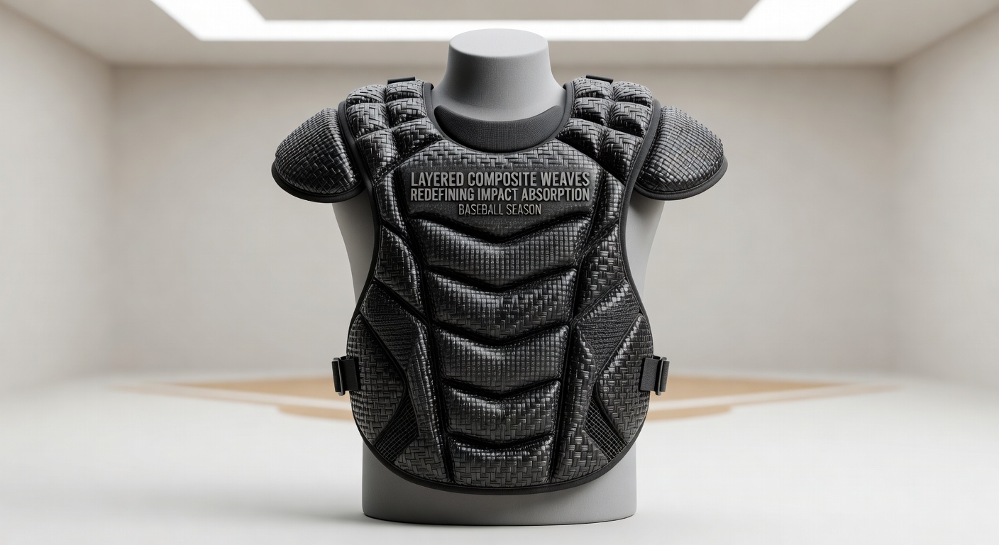 Close-up view of catcher chest protector cross-section illustrating composite weave layers and impact dispersion patterns
