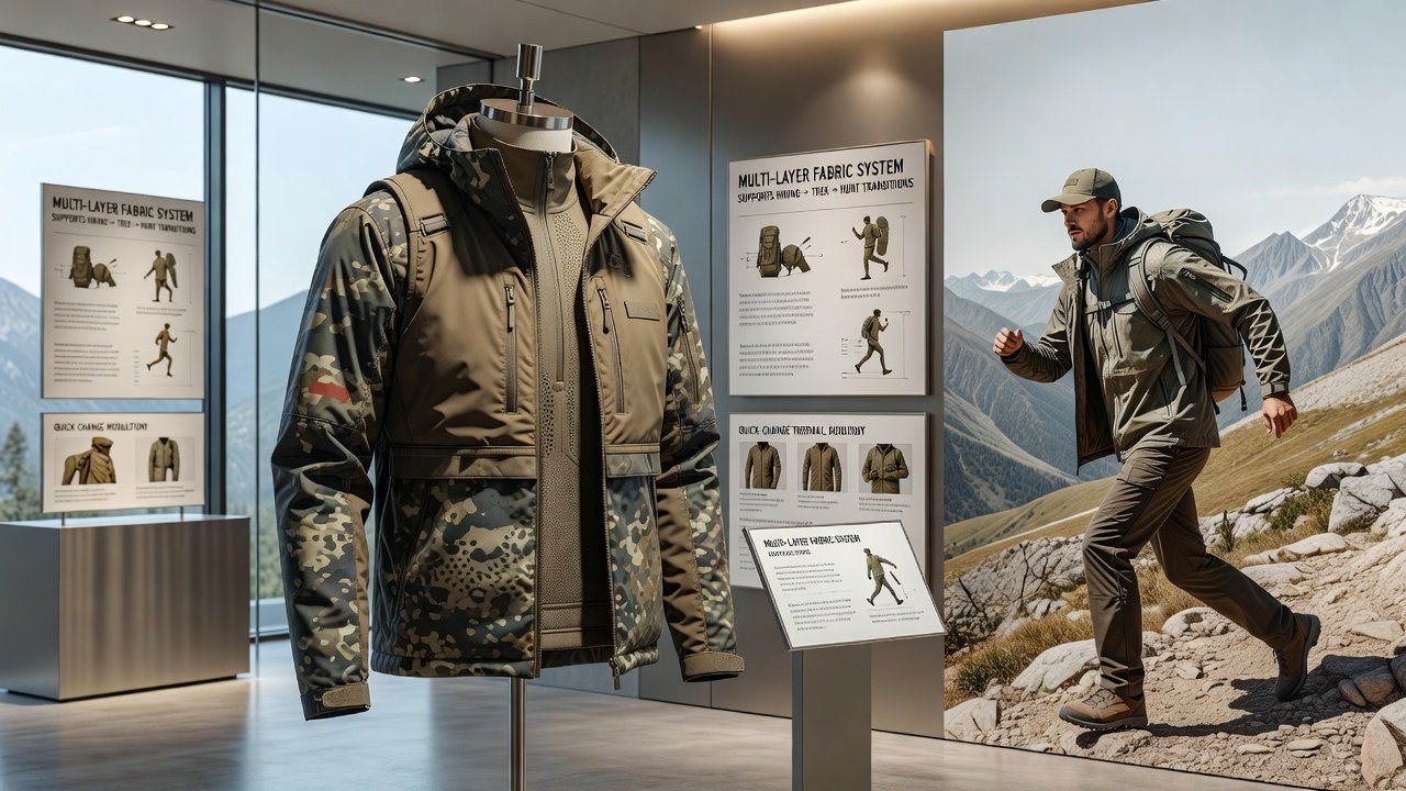 Close-up view of integrated fabric layers in hunting apparel showing breathable mesh panels and reinforced seams suitable for baseball and soccer training