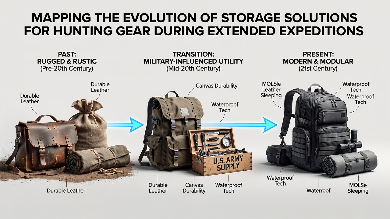 Historical and modern hunting gear storage solutions showing traditional packs alongside contemporary modular systems for extended expeditions