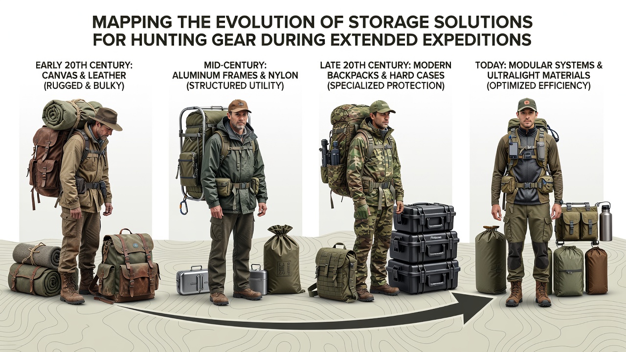 Modern modular hunting packs with integrated hydration systems and electronic compartments used on extended wilderness expeditions