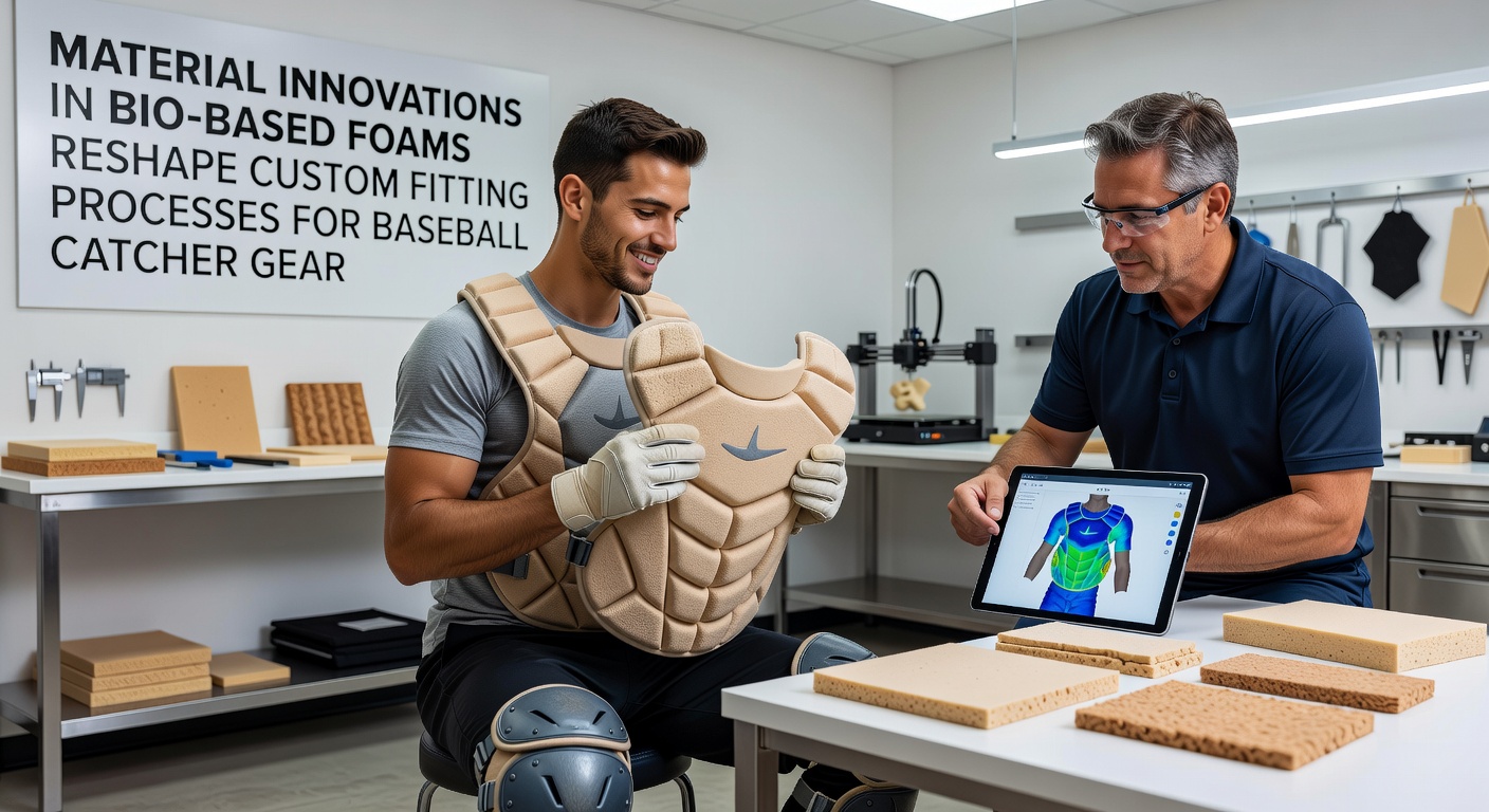 Technician adjusting bio-based foam inserts inside a catcher leg guard during a custom fitting session at a professional baseball training facility