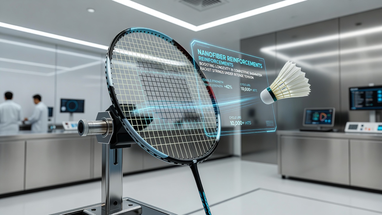 Badminton player in action during a tournament match with focus on racket string tension and performance