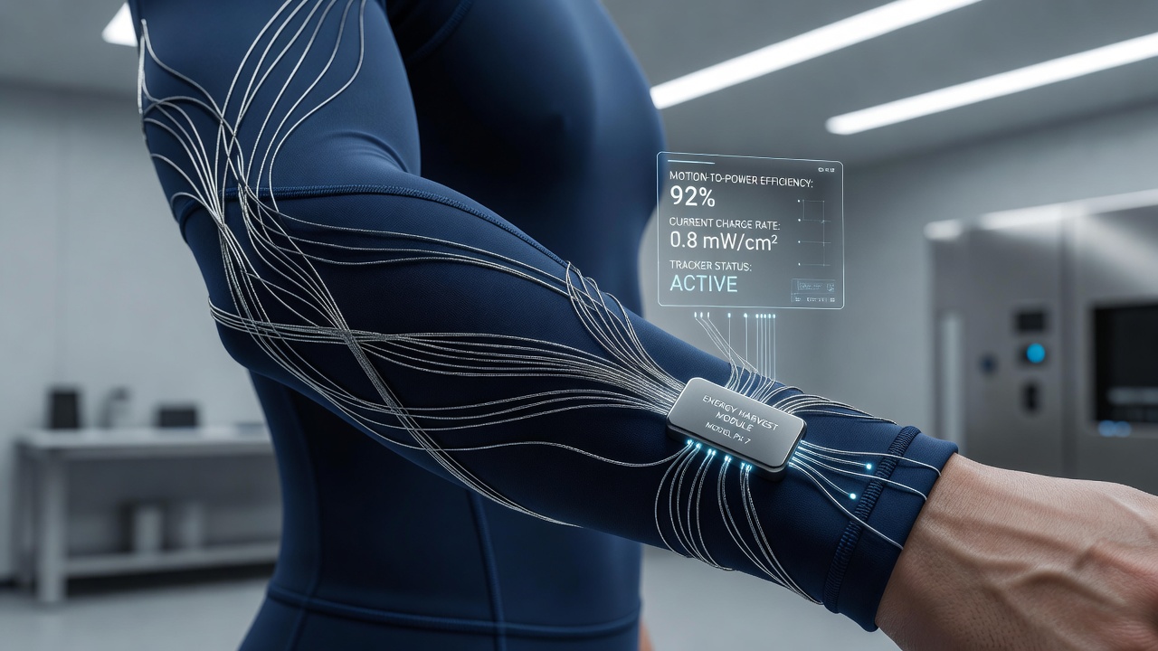 Athlete wearing a multi-sport jersey with visible piezoelectric thread patterns and connected performance tracking module during a training session
