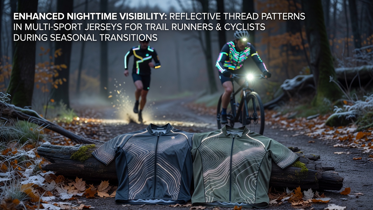 Trail runner wearing a multi-sport jersey with integrated reflective thread patterns visible under low-light conditions on a wooded path