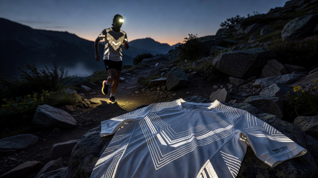 Cyclist on a gravel trail at dusk wearing a jersey featuring reflective thread grids that catch and return light from a following vehicle