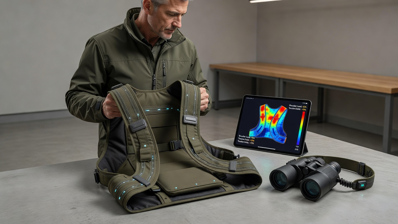 Hunter adjusting sensor-enabled vest straps on a forested trail while monitoring tension data on a handheld device