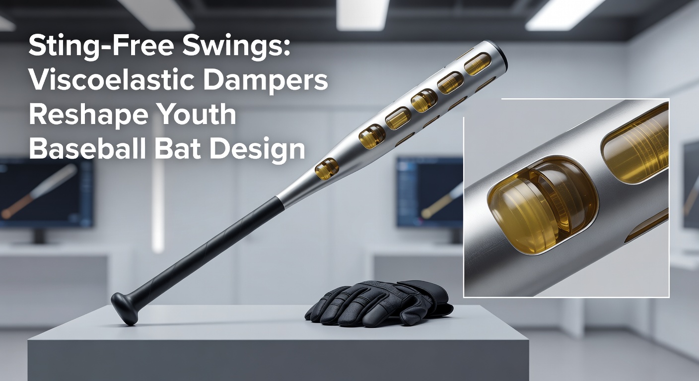 Youth baseball player mid-swing with a modern bat featuring vibration-damping technology, reducing sting on mishits