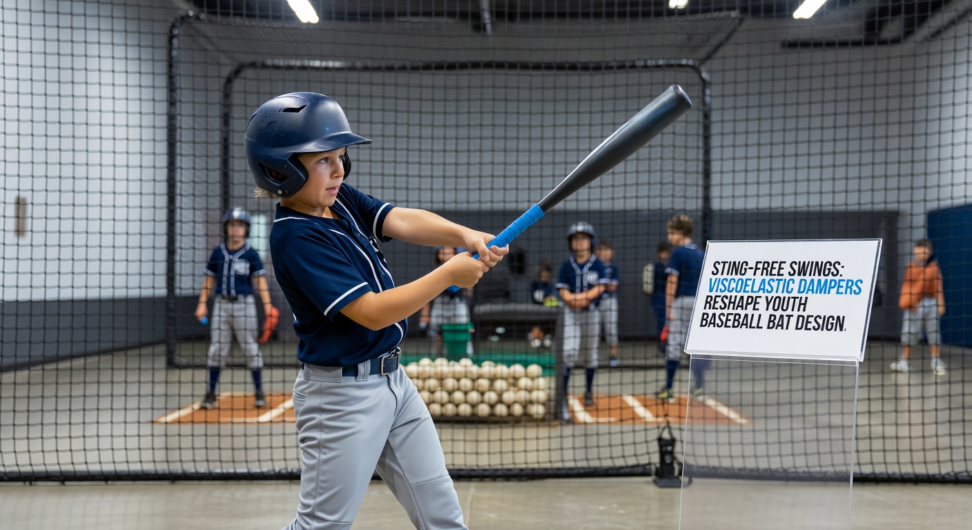Cross-section view of a youth baseball bat handle revealing embedded viscoelastic damper layers that absorb shock vibrations