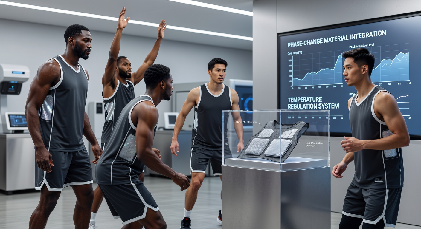 Athletes testing phase-change material basketball jerseys in a climate-controlled lab environment with thermal sensors attached