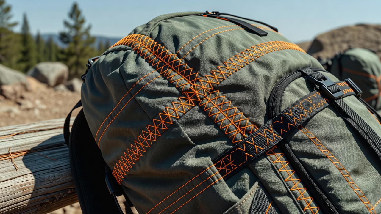 Close-up view of reinforced stitching patterns on a multi-sport backpack strap showing bartack and box-X reinforcements at stress points