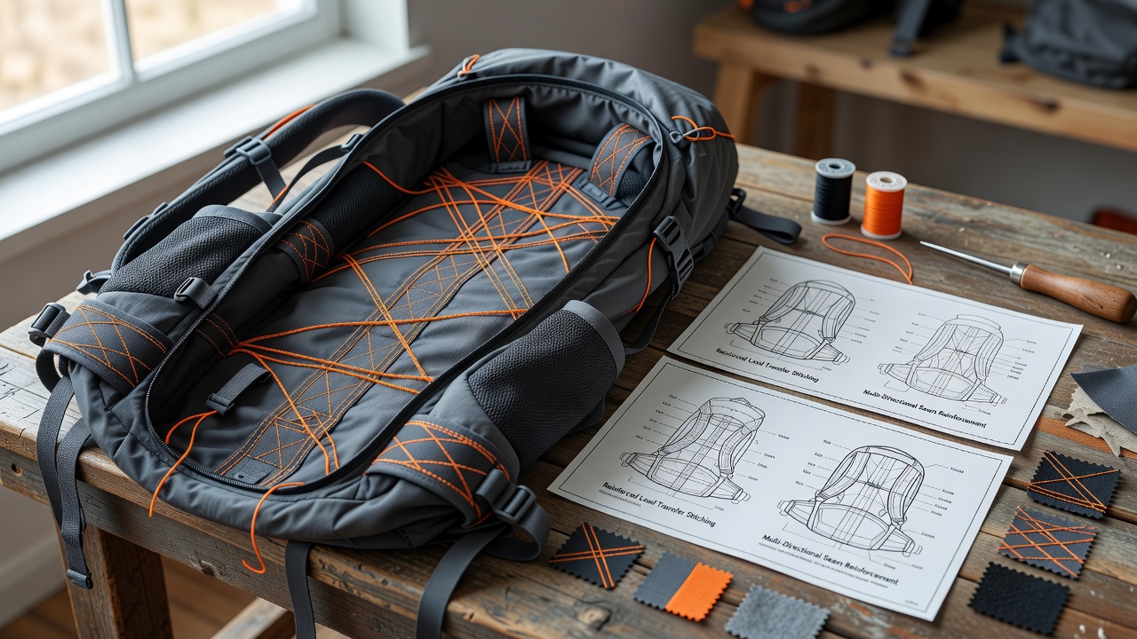 Diagram illustrating stress distribution across reinforced seams in backpacks under extended trail loads