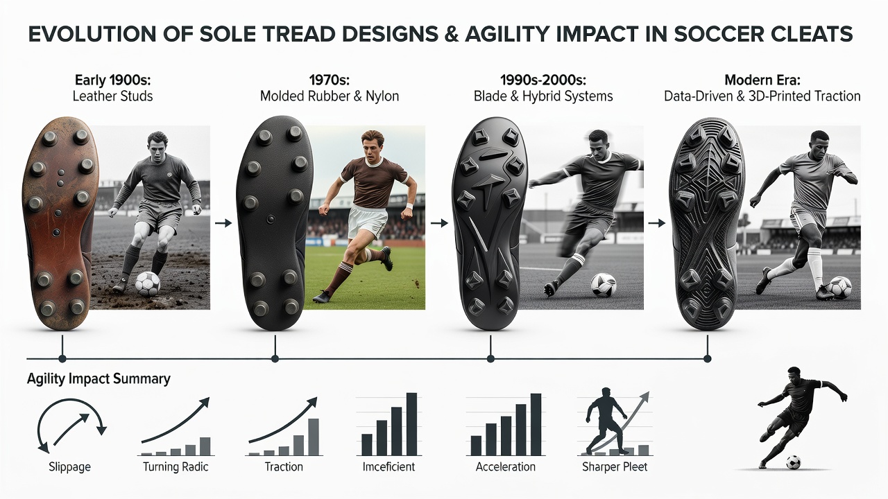 Close-up view of modern soccer cleat sole with mixed conical and bladed tread elements designed for enhanced agility